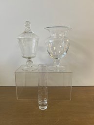 Etched Glass Candy Dish, And 2 Vases