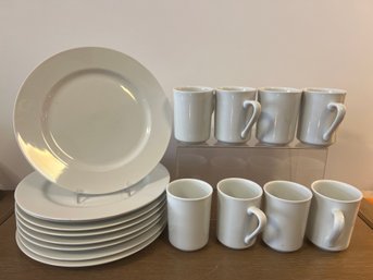 8 Delco White Mugs And 8 White Dinner Plates