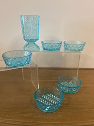 Light Blue Depression Glass Square Vase And 5 Trinket Bowls