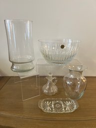 Block Crystal Bowl, 2 Glass Vases, Oil Container And Cut Glass Dish