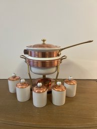 Hall Made In USA Vintage Copper/brass Fondue/Sauce Warming Pot And Lidded Cups