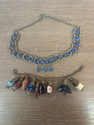 Vintage Early Miriam Haskell Chinese Bead Charm Bracelet & Silver Tone Lapis Lazuli Necklace