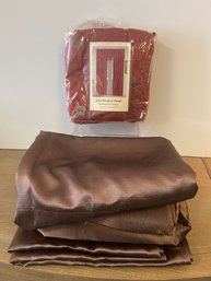 4 Brown Polyester Window Panels And 1 Red Chenille Stripe Panel