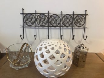 Creazioni Silvestri Murano Crystal Ice Bucket, Wrought Iron Hooks, Ceramic Decor Ball And Tea Light Holder