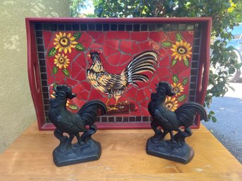 Mosaic Rooster Tray And 2 Cast Iron Book Ends/door Stoppers