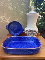 Olive And Thyme Rectangular Blue Stoneware, Coche Round Blue Stoneware And Tanqueiro Lidded Urn