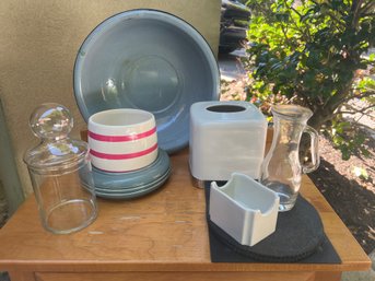 The Leftovers: Enamel Bowl, Ceramic Planters, Glass Jar With Lid, Tissue Box Covers, Trivets & Glass Pitcher