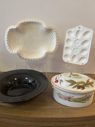 Spode Basketweave Platter, Royal Worcester Evesham Casserole, Devil Egg Platter And Black Pedestal Bowl