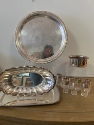 Silver Plate Platters, Wine Coaster, And 8 Silver Inlay Shot Glasses