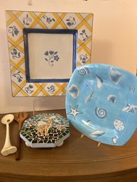 South Hampton Leslie Sattler Seashell Platter, Home Made Trivet, And Serving Utensils