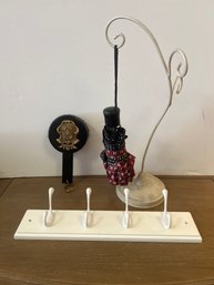 Necklace Holder, Hooks, Vintage Brush Antique Wooden Black With Gold Coat Of Arms Germany & Mercedes Umbrella