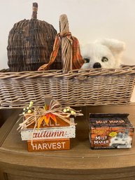 Halloween/fall Lot: Polar Bear Mask, Wicker Pumpkin, Mist Maker, Basket And Autumn Sign