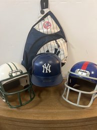 Jets And Giants Plastic Helmets, And Yankees 2010 Coin Bank