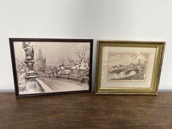 2 Framed Pieces: Helmut Krommer: Weeks Bridge And Charles Bridge