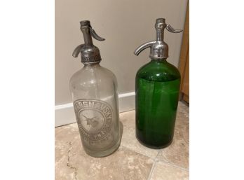 White And Green Vintage Seltzer Bottles