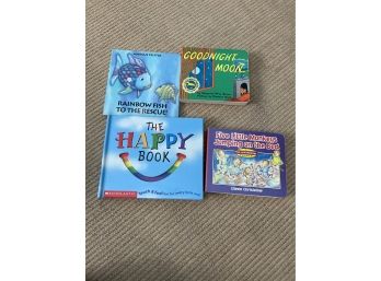 4 Board Books: The Rainbow Fish, The Happy Book, Goodnight Moon, And 5 Little Monkeys Jumping On The Bed