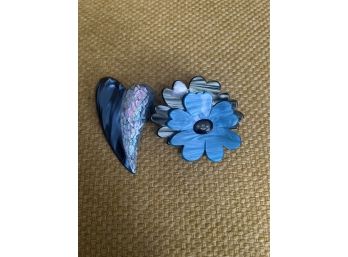 2- Lucite Pono Pins: Heart And Flower Cluster