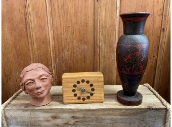 Ents Art Clock, Pottery Bust And Russian Vase