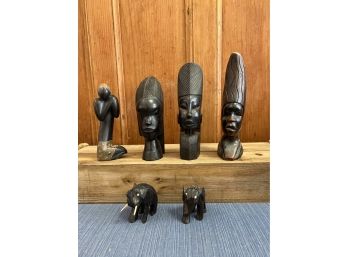 3 African Wood Busts Made In Tanganyika, One Soapstone Kneeling Lady And 2 Wood Elephants