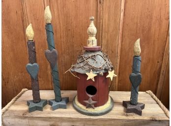 Wood Country Bird House And Candles