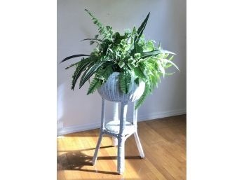 Pretty Wicker Plant Stand With Faux Plants