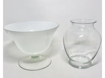 White Glass Pedestal And Glass Vase