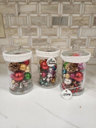 3 Apothecary Jars Filled With Mini Christmas Ornaments