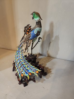 One Of 2 Silver Gilt Enamel Filigree Chinese Peacock On Rosewood Base