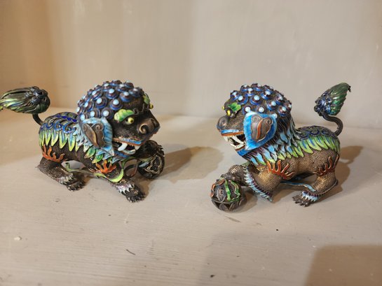 Fabulous Pair Of Silver Stamped Filigree Chinese Foo Dogs With Enamel