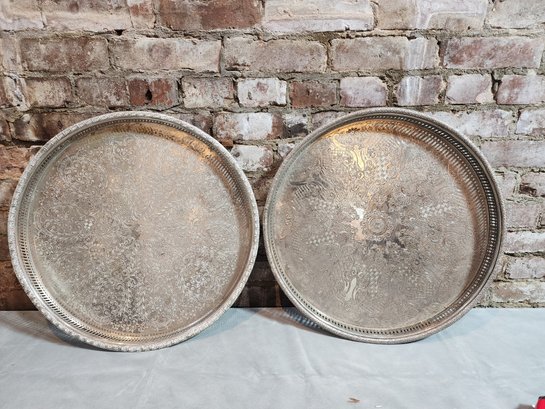 2 Large  Moroccan Silver Plate Serving Trays No Marks Found