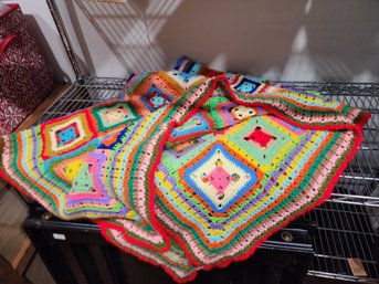 VERY COLORFUL HAND KNITTED BLANKET FROM THE 1970'S