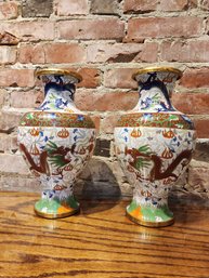 INCREDIBLE MIRROR PAIR OF CHINESE CLOISONNE VASES.