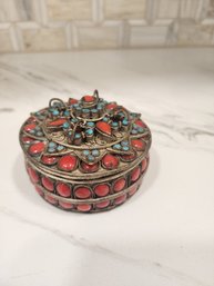 Antique Intricate Coral, And Turquoise Silver Plate  Trinket Box