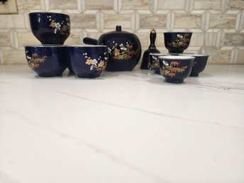 Beautiful Vintage Cobalt Asian Tea Set And Bell