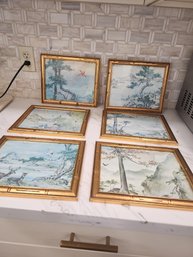 Set Of 6 Asian Themed Prints. As Found One Has Water Damage