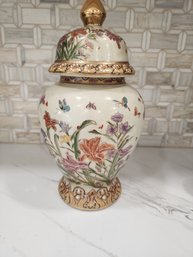 Beautiful Garden Themed Asian Signed Biscuit Jar