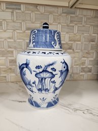 Blue And White Hand Painted Signed Koi Themed Ginger Jar