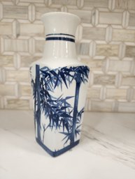 Signed Hand Painted Blue And White Vase