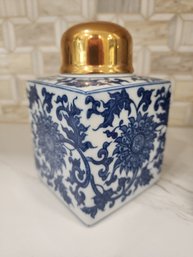 Bombay Co. Blue And White And Gold Lidded Jar
