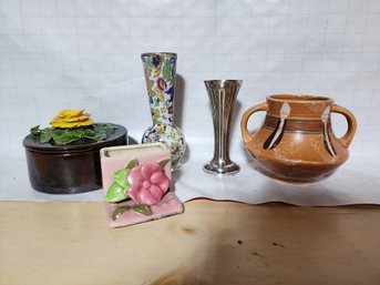 5 Assorted Vintage Vases And Boxes
