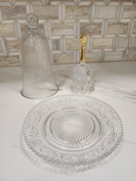 Lot Of 3 Crystal Items Bell, Dish And Cloche