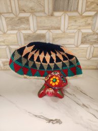 Colorful Beanie Hat And Colorful Pottery Turtle Trinket Box