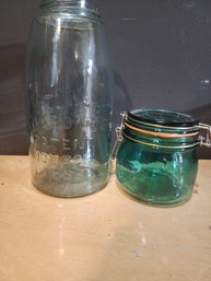 1800's Atlas Canning Jar And Smaller Newer Teal Glass Canning Jar