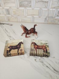 #14 Trio Of Horse Items.  Porcelain Vintage Horse And 2 Crystal Coasters