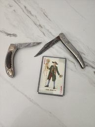 #16 2 Old Pocket Knives And A Vintage Joker Mirror