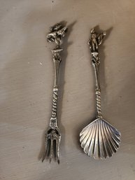 Antique Silver Oyster Spoon And Fork