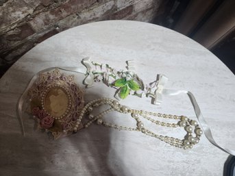 Small Vintage Picture Frame, Garter And Faux Pearl Necklace