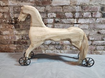 Antique French Wooden Horse With Horsehair Tail