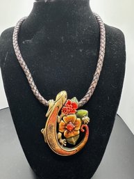 Chico's Enamel Gecko On Leather Necklace