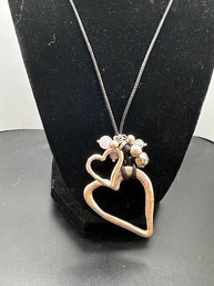 Silver Tone Double Heart Necklace On Leather